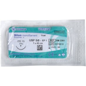 Sutur, Silon Monofilament, 45cm, bl�, 5/0, DS-15 n�l (DS-16), non-resorberbar, steril *Denne vare tages ikke retur*