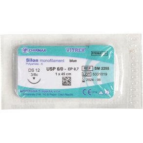 Sutur, Silon Monofilament, 45cm, bl�, 6/0, DS-12 n�l (DS-13), non-resorberbar, steril *Denne vare tages ikke retur*
