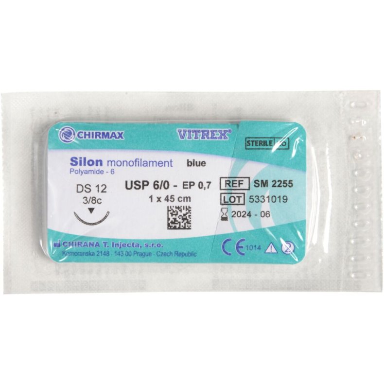 Sutur, Silon Monofilament, 45cm, bl�, 6/0, DS-12 n�l (DS-13), non-resorberbar, steril *Denne vare tages ikke retur*