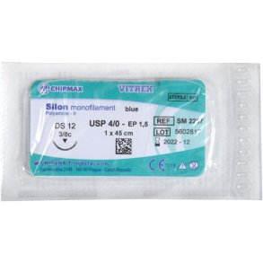 Sutur, Silon Monofilament, 45cm, bl�, 4/0, DS-12 n�l (DS-13), non-resorberbar, steril *Denne vare tages ikke retur*