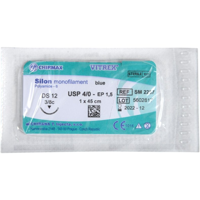 Sutur, Silon Monofilament, 45cm, bl�, 4/0, DS-12 n�l (DS-13), non-resorberbar, steril *Denne vare tages ikke retur*