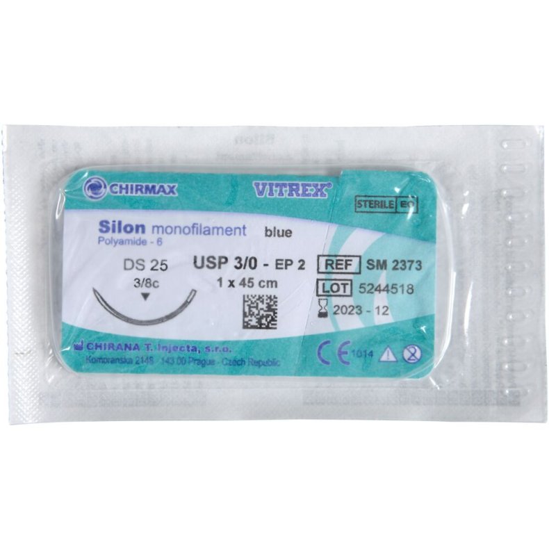 Sutur, Silon Monofilament, 45cm, bl�, 3/0, DS-25 n�l (DS-24), non-resorberbar, steril *Denne vare tages ikke retur*
