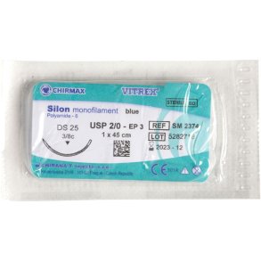 Sutur, Silon Monofilament, 45cm, bl�, 2/0, DS-25 n�l (DS-24), non-resorberbar, steril *Denne vare tages ikke retur*