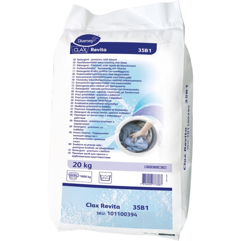Vaskepulver, Diversey CLAX Revita 35B1, kul�rt og hvidt, med farve og parfume, 20 kg *Denne vare tages ikke retur*