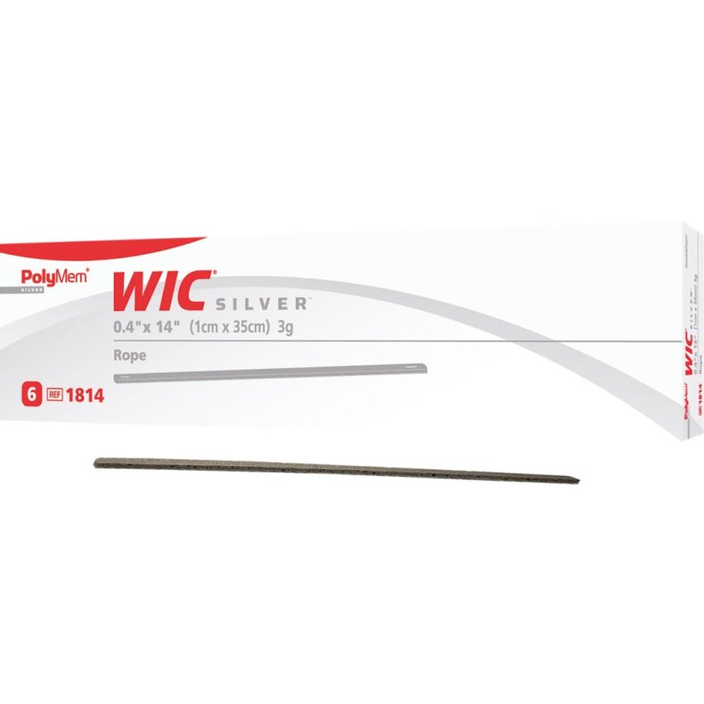 S�lvbandage, PolyMem WIC Silver, 1x35cm, gr�, Rope, u/kl�bende kontaktlag og u/kl�b, latexfri, steril, engangs *Denne vare tages ikke retur*