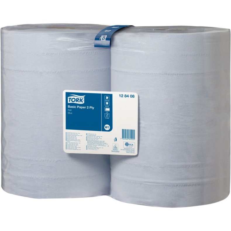 V�rkstedsrulle, Tork W1, 2-lags, 340m x 36,9cm, �26,3cm, bl�, blandingsfibre