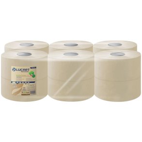 Jumborulle, Lucart T3 Natural, 2-lags, Mini, 180m x 8,9cm, �19cm, ubleget, genanvendt papir
