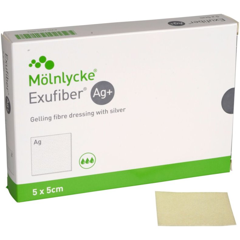 Fiberbandage Ag+, Exufiber, 5x5cm, steril, engangs *Denne vare tages ikke retur*