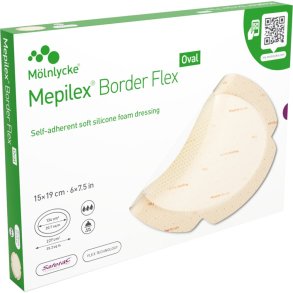Skumbandage, Mepilex Border Flex, 19x15cm, oval, m/silikonekontaktlag og silikonekl�b, latexfri, steril, engangs *Denne vare tages ikke retur*