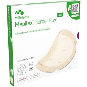 Skumbandage, Mepilex Border Flex, 16x13cm, beige, oval, m/silikonekontaktlag og silikonekl�b, latexfri, steril, engangs *Denne vare tages ikke retur*