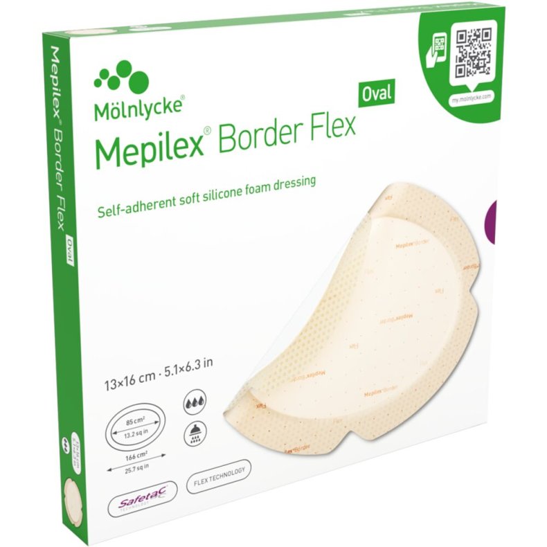 Skumbandage, Mepilex Border Flex, 16x13cm, beige, oval, m/silikonekontaktlag og silikonekl�b, latexfri, steril, engangs *Denne vare tages ikke retur*