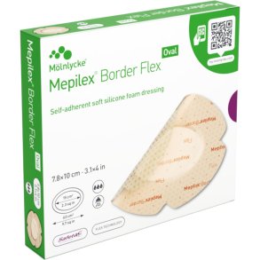 Skumbandage, Mepilex Border Flex, 10x7,8cm, oval, m/silikonekontaktlag og silikonekl�b, latexfri, steril, engangs *Denne vare tages ikke retur*