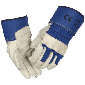 Oksehudshandske, ODIN, 11, bl�, bomuld/oksel�der, rigger, 8 cm gummieret manchet