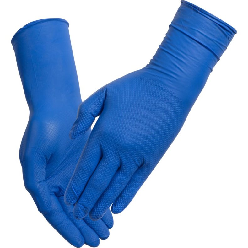 Engangshandske, THOR Ultra Grip Long, S, m�rkebl�, nitril, fish scale-textured, pudderfri *Denne vare tages ikke retur*