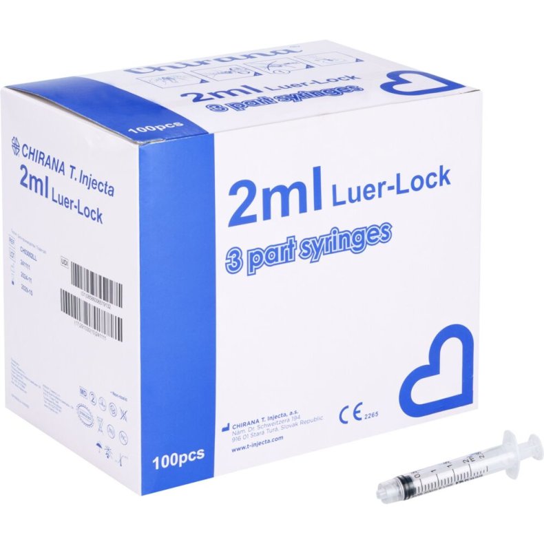 Spr�jte, Chirana, 2 ml, transparent, luer-lock, centreret, 3 komponent, steril, engangs *Denne vare tages ikke retur*