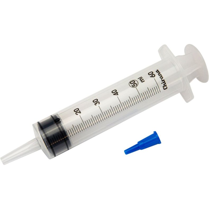 Spr�jte, Chirana, transparent, 50/60 ml, med lige kateterspids og l�s luer, centreret, 3 komponent, steril, engangs *Denne vare tages ikke retur*