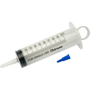 Spr�jte, Chirana, 100 ml, transparent, med lige kateterspids og l�s luer, centreret, 3 komponent, steril, engangs *Denne vare tages ikke retur*