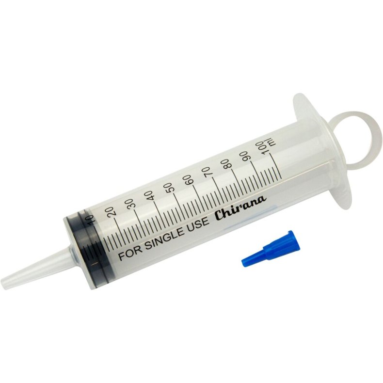 Spr�jte, Chirana, 100 ml, transparent, med lige kateterspids og l�s luer, centreret, 3 komponent, steril, engangs *Denne vare tages ikke retur*