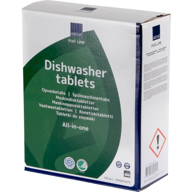 Opvasketabs, ABENA Puri-Line, all-in-one, vandopl�selig folie, uden klor, farve og parfume, 120stk
