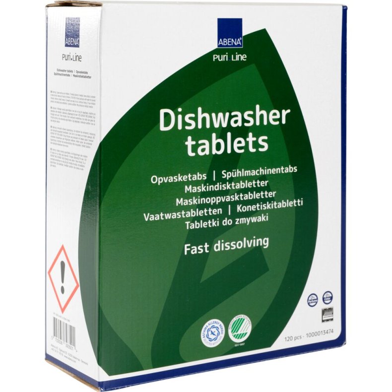 Opvasketabs, ABENA Puri-Line, hurtigt vandopl�selig folie, uden klor, farve og parfume, 120stk