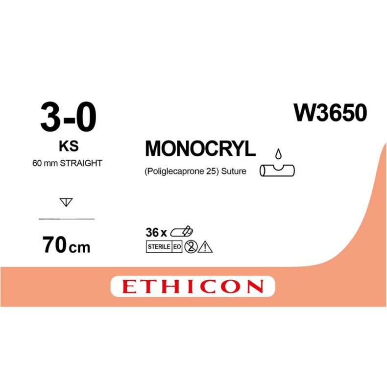 Sutur, Monocryl, 70cm, 3-0, KS-n�l, monofil, resorberbar, W3650, Steril, engangs *Denne vare tages ikke retur*