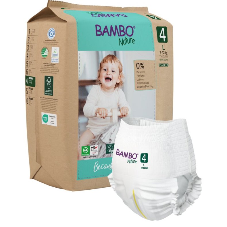 B�rneble, bukseble, milj�m�rket, Bambo Nature Pants, 4, papirspose, paper bag, 7-12 kg