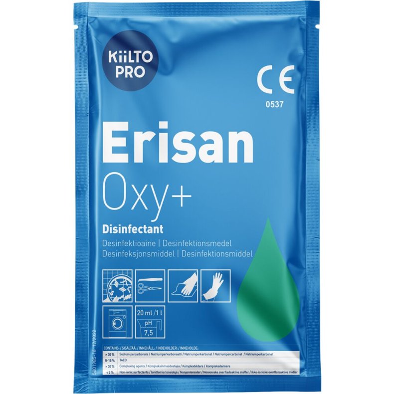 Desinfektionsmiddel, Erisan Oxy+, uden farve og parfume, portionsbreve 50 g.