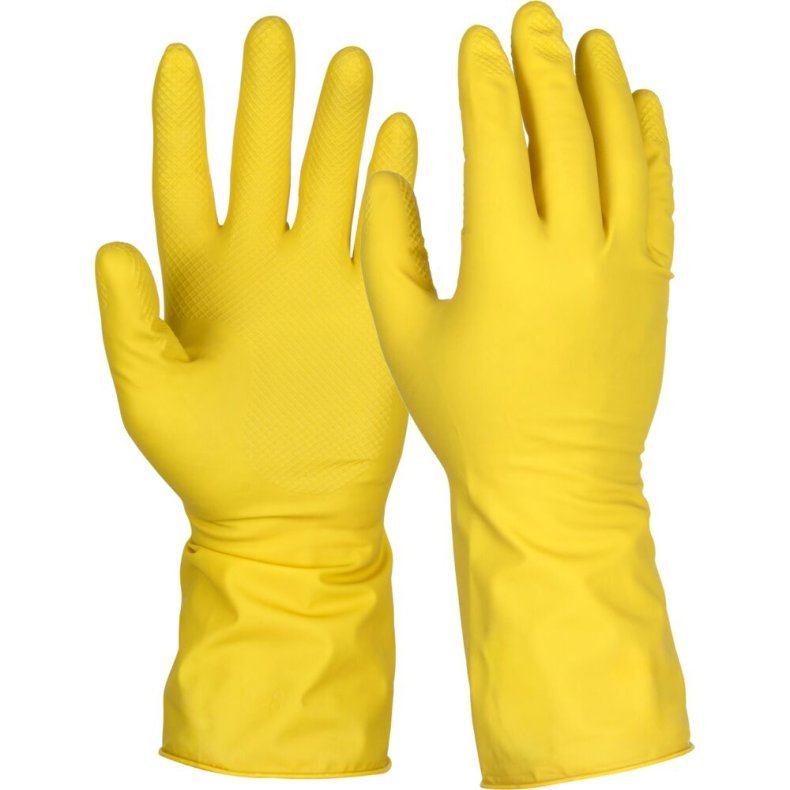 Husholdningshandske, Essentialz, L, gul, latex, pudderfri, med velour, anatomisk formet
