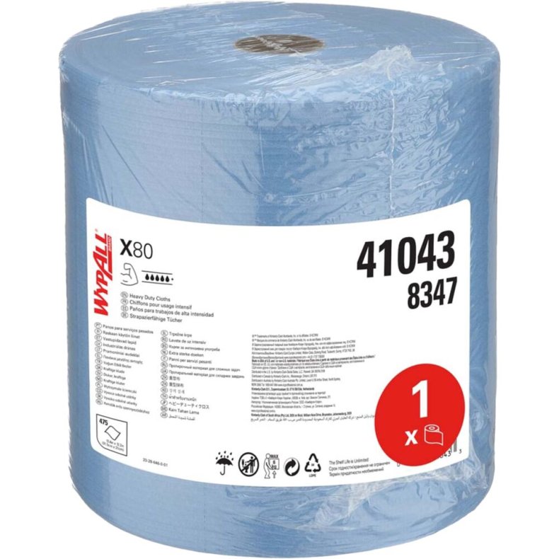 Industriaft�rring, Kimberly-Clark Wypall X80, 1-lags, 147m x 31,5cm, �28,7cm, bl�, nonwoven