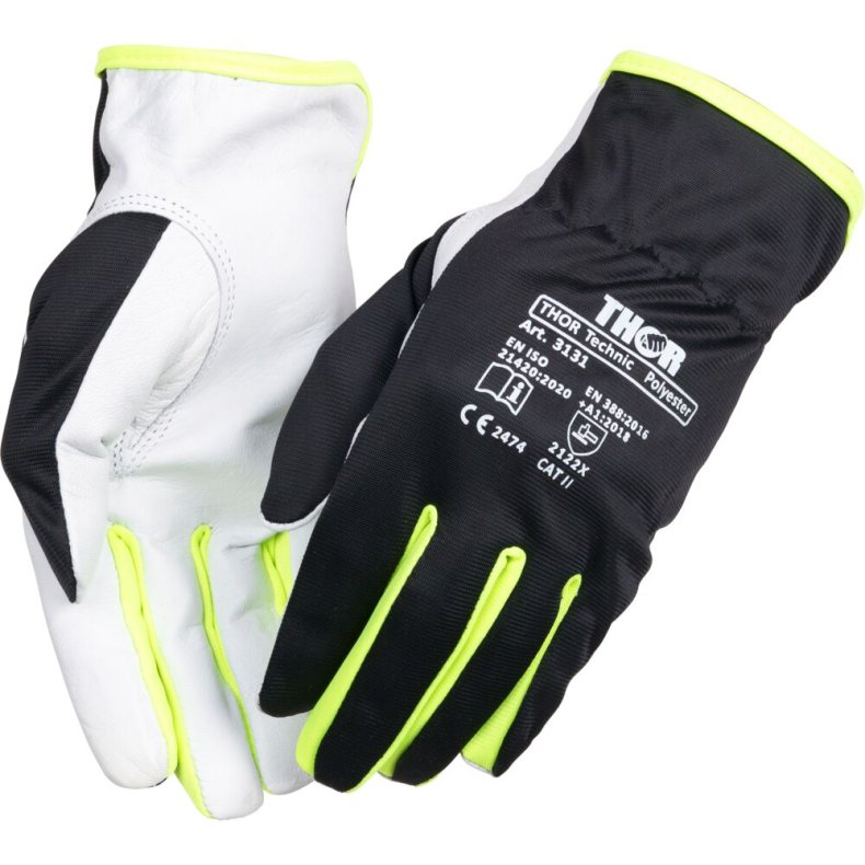 Gedeskindshandske, THOR Teknik Polyester, 11, sort, gedeskind/polyester, Hi-vis mellem fingrende