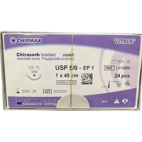 Sutur, Chirasorb, 45cm, violet, Polyglactin 910, USP 5/0, DS 15mm, resorberbar, violet, steril, engangs *Denne vare tages ikke retur*