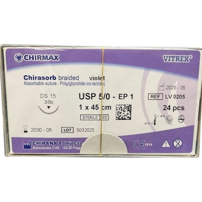 Sutur, Chirasorb, 45cm, violet, Polyglactin 910, USP 5/0, DS 15mm, resorberbar, violet, steril, engangs *Denne vare tages ikke retur*