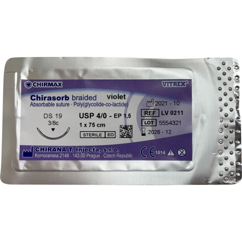Sutur, Chirasorb, 75cm, violet, Polyglactin 910, USP 4/0, DS 19mm, resorberbar, violet, steril, engangs *Denne vare tages ikke retur*