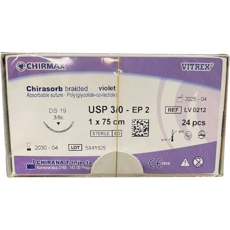 Sutur, Chirasorb, 75cm, violet, Polyglactin 910, USP 3/0, DS 19mm, resorberbar, violet, steril, engangs *Denne vare tages ikke retur*