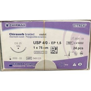 Sutur, Chirasorb, 75cm, violet, Polyglactin 910, USP 4/0, DS 25mm, resorberbar, violet, steril, engangs *Denne vare tages ikke retur*