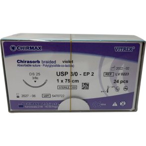 Sutur, Chirasorb, 75cm, violet, Polyglactin 910, USP 3/0, DS 25mm, resorberbar, violet, steril, engangs *Denne vare tages ikke retur*