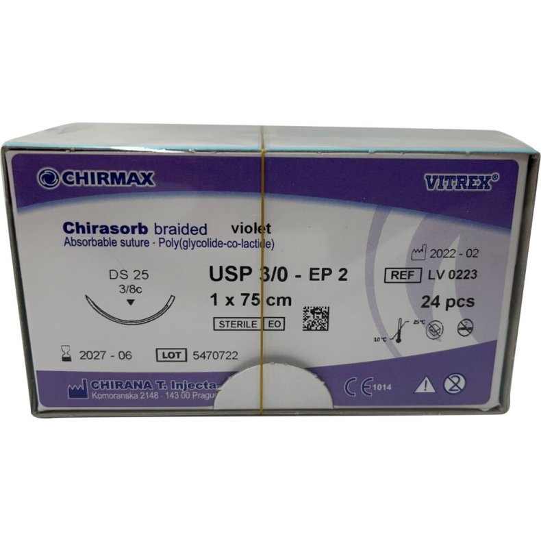 Sutur, Chirasorb, 75cm, violet, Polyglactin 910, USP 3/0, DS 25mm, resorberbar, violet, steril, engangs *Denne vare tages ikke retur*
