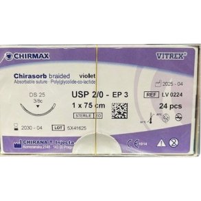 Sutur, Chirasorb, 75cm, violet, Polyglactin 910, USP 2/0, DS 25mm, resorberbar, violet, steril, engangs *Denne vare tages ikke retur*