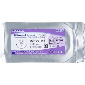 Sutur, Chirasorb, 75cm, violet, Polyglactin 910, USP 2/0, HR 27mm, resorberbar, violet, steril, engangs *Denne vare tages ikke retur*