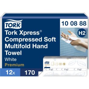 H�ndkl�deark, Tork Xpress H2 Premium, 2-lags, W-fold, 32x21,2cm, 8 cm, hvid, nyfiber, komprimeret