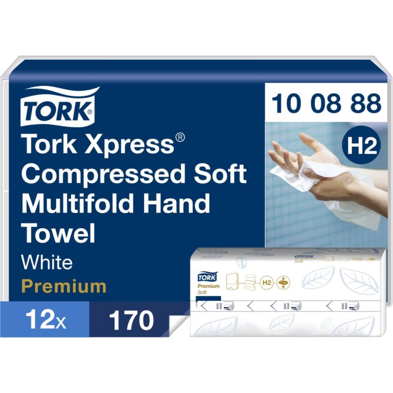 H�ndkl�deark, Tork Xpress H2 Premium, 2-lags, W-fold, 32x21,2cm, 8 cm, hvid, nyfiber, komprimeret