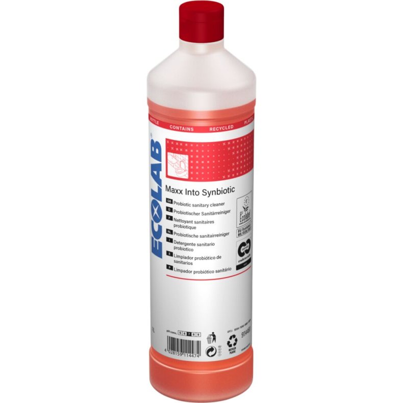 Sanitetsreng�ring, Ecolab MAXX Into Synbiotic, 1 l, sur/kalkh�mmende, med farve og parfume