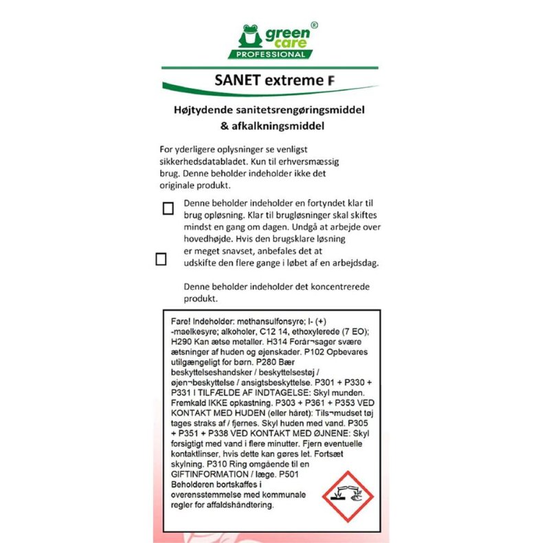 Etiket, Green Care Professional, til SANET Extreme F