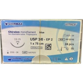 Sutur, Chiralen Monofilament, 75cm, bl�, USP 3/0, DS 25mm, non-resorberbar, steril, engangs *Denne vare tages ikke retur*