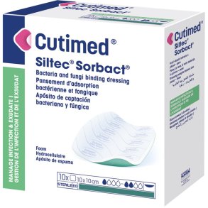 Hydrofob bandage, Cutimed Siltec Sorbact, 10x10cm, gr�n, skumbandage, uden kl�ber, latexfri, steril, engangs *Denne vare tages ikke retur*