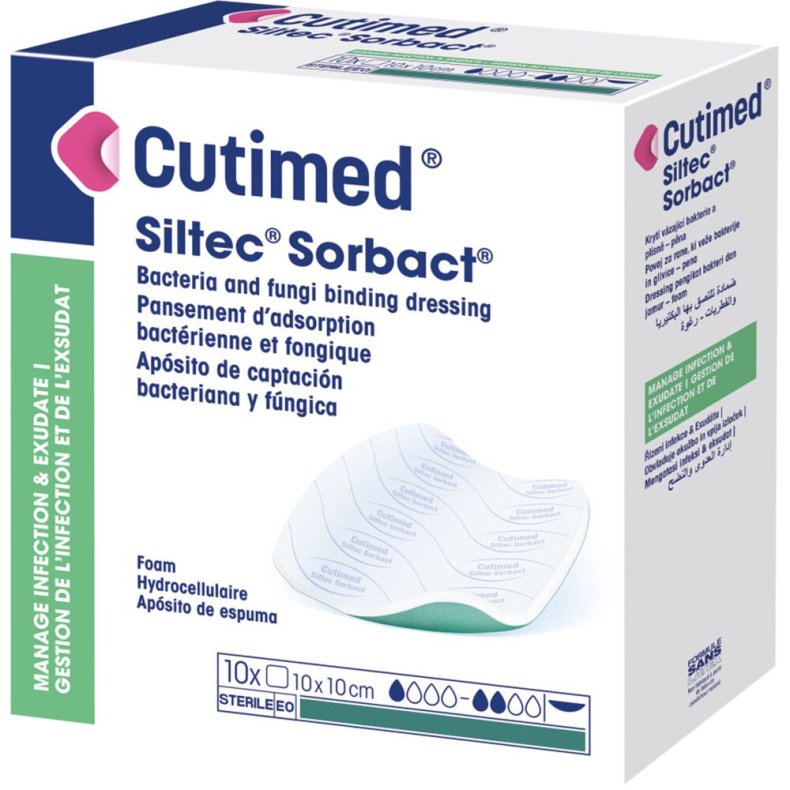 Hydrofob bandage, Cutimed Siltec Sorbact, 10x10cm, gr�n, skumbandage, uden kl�ber, latexfri, steril, engangs *Denne vare tages ikke retur*
