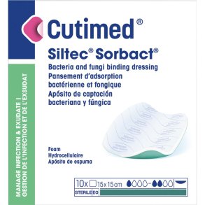 Hydrofob bandage, Cutimed Siltec Sorbact, 15x15cm, gr�n, skumbandage, uden kl�ber, latexfri, steril, engangs *Denne vare tages ikke retur*