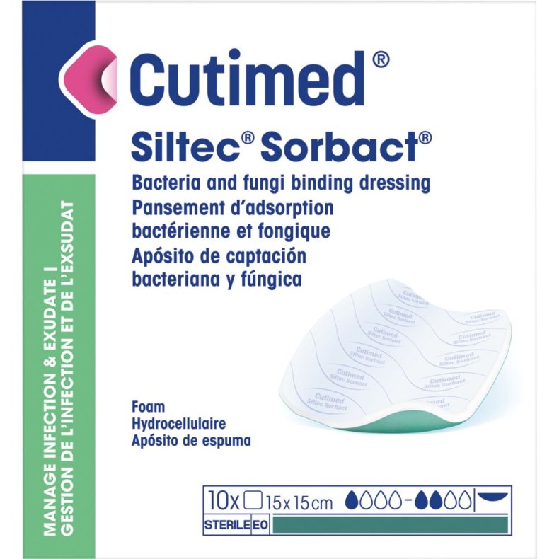 Hydrofob bandage, Cutimed Siltec Sorbact, 15x15cm, gr�n, skumbandage, uden kl�ber, latexfri, steril, engangs *Denne vare tages ikke retur*