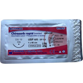 Sutur, Chirasorb Rapid, 45cm, natural, 4/0, DS-19 (FS-2), resorberbar, steril, engangs *Denne vare tages ikke retur*