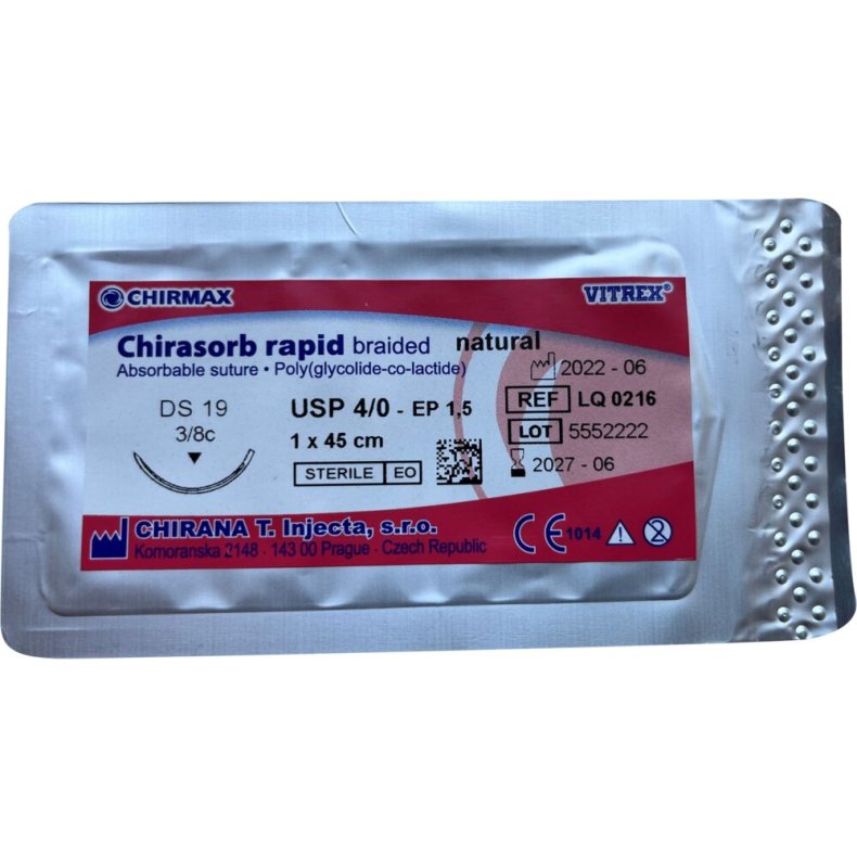 Sutur, Chirasorb Rapid, 45cm, natural, 4/0, DS-19 (FS-2), resorberbar, steril, engangs *Denne vare tages ikke retur*